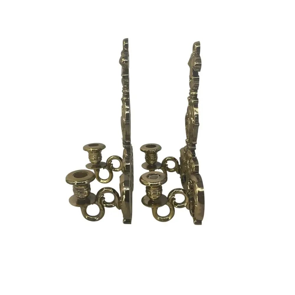 Vintage Homco Double Candle Sconces Pair Gold Hollywood Regency Angel Shades